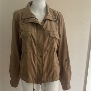 Tan Utility Jacket with Drawstring Waist and Collared Neckline